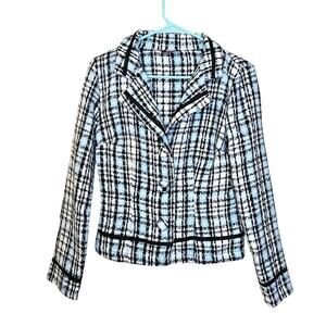 Ginger G. Size Small S Blue Blazer Tweed Black Big Button Coquette Business